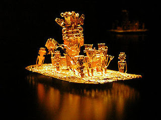 A Balsa de El Dorado, no Museu do Ouro de Bogotá (arte música, 1200-1500 d.C.)